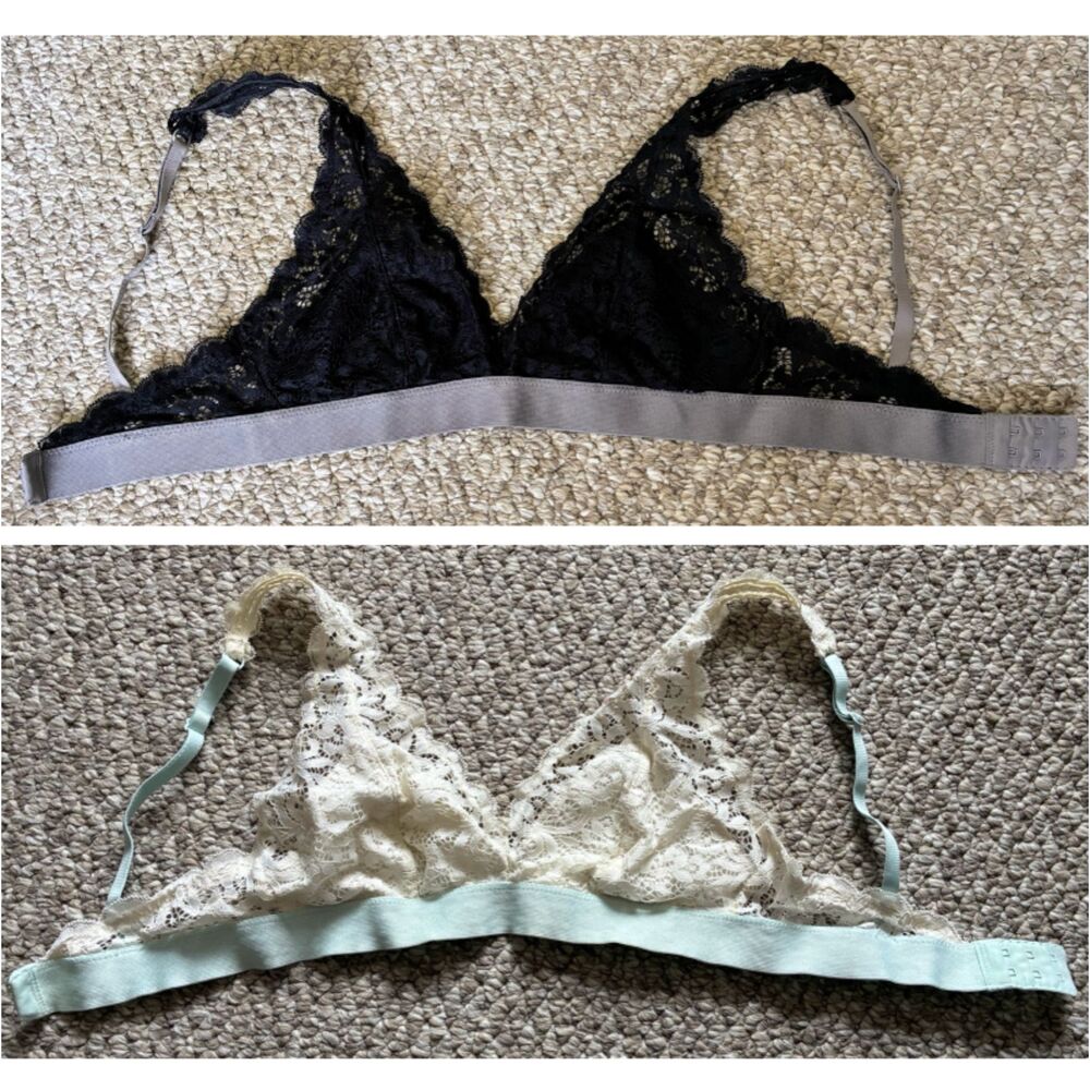 Coordinated Set of 2 Forever 21 Lace Bralettes in Black-Gray and Cream-Mint
